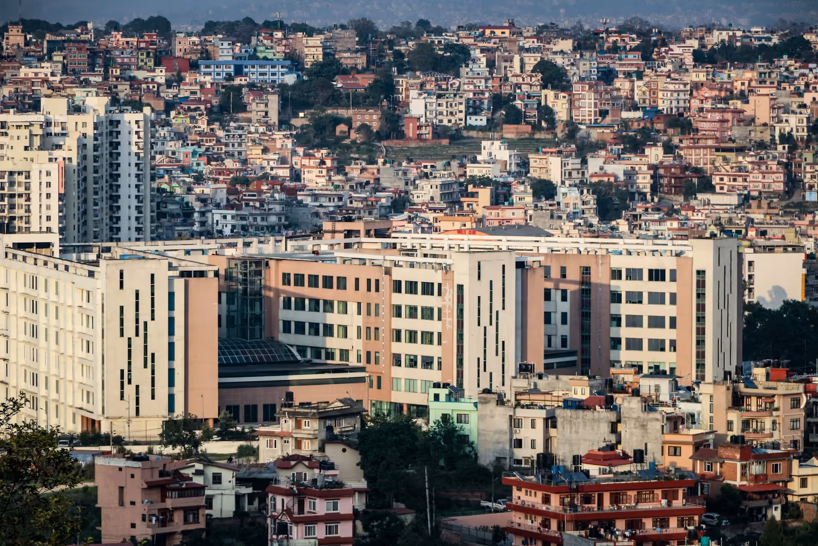 Aerial view of Kathmandu city with residential and commercial buildings